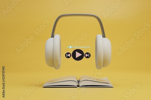 modern technologies. listening to an audiobook with headphones. headphones, audiobook and start icon on audio track on yellow background. 3d render. 3d illustration photo