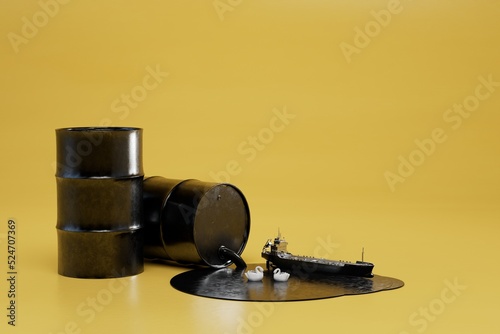 ecological catastrophe. barrels with spilled oil in which a tanker floats and white swans on a yellow background. copy paste, copy space. 3d render. 3d illustration