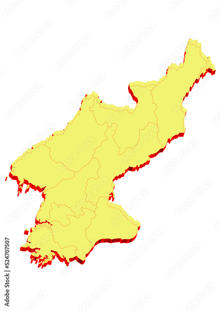 Obraz premium Illustration of the map of North Korea with Unitary District, Region, Province, Municipality, Federal District, Division, Department, Commune Municipality, Canton Map 3D