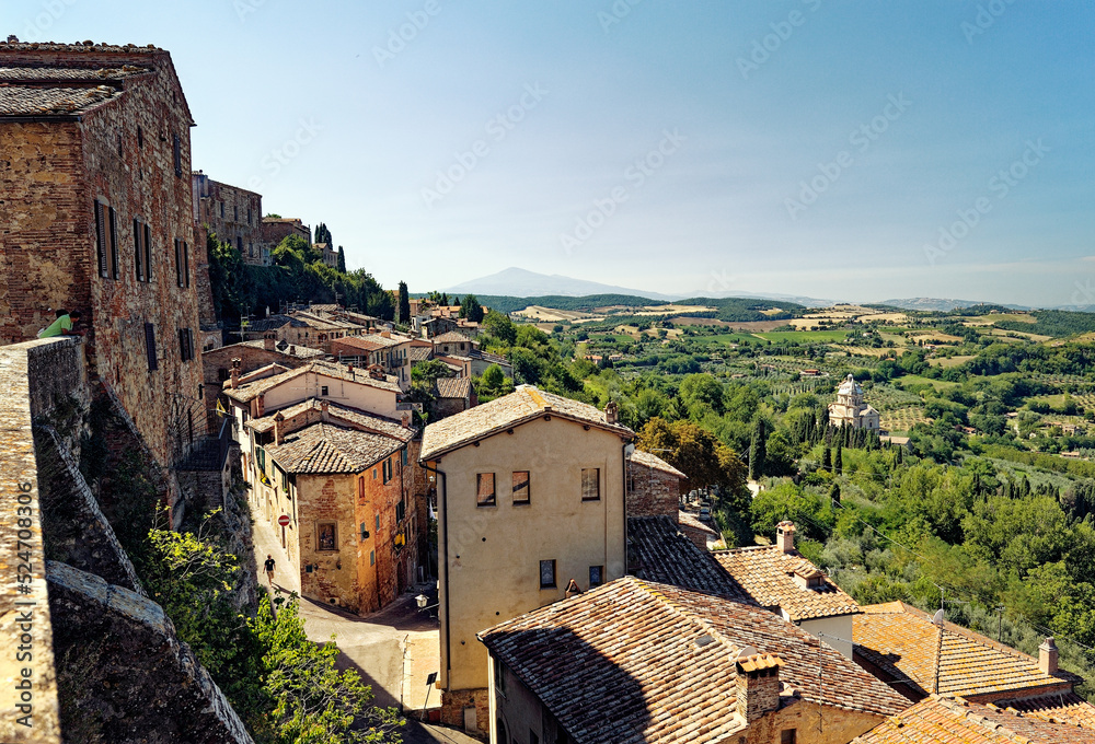 Montepulciano, Tuscany, Italy. View from the Piazza S. Francesca S.W. toward Monte Amiata mountain in distance. Summer