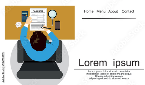 Tax payment. Data analysis, paperwork, financial research, report. Businessman calculation tax. Flat design vector illustration. Magnifying glass in hand.