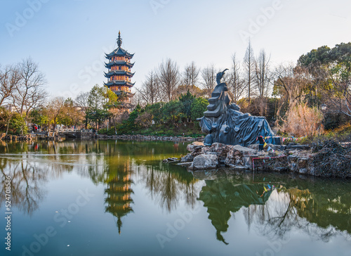 Aerial photography of Tianning Pagoda, Wenbi Pagoda, Hongmei Pavilion and Hongmei Park Scenic Spot in Changzhou City, Jiangsu Province, China photo