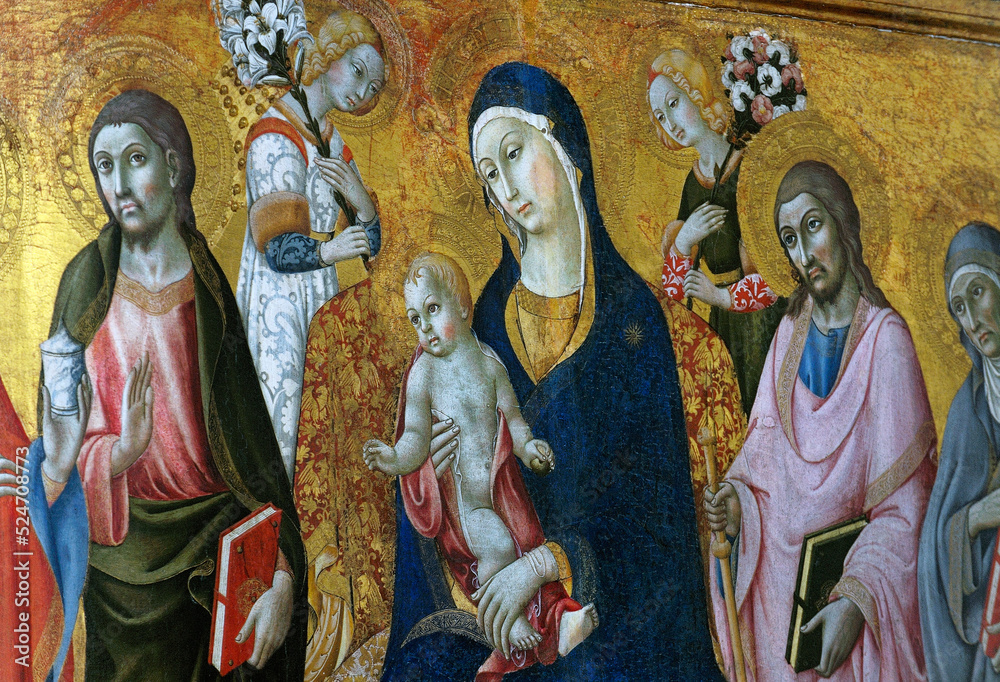 Detail of Italian Renaissance painting of Madonna and Child by Pietro Lorenzetti in Pienza Cathedral, Tuscany, Italy