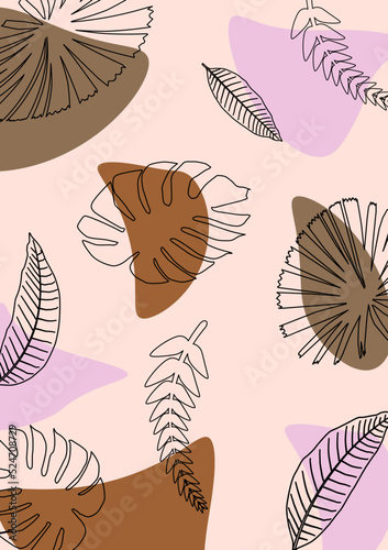 Natural background of leaves, branches and organic shapes in pastel tones, brown, pink.vector illustration.