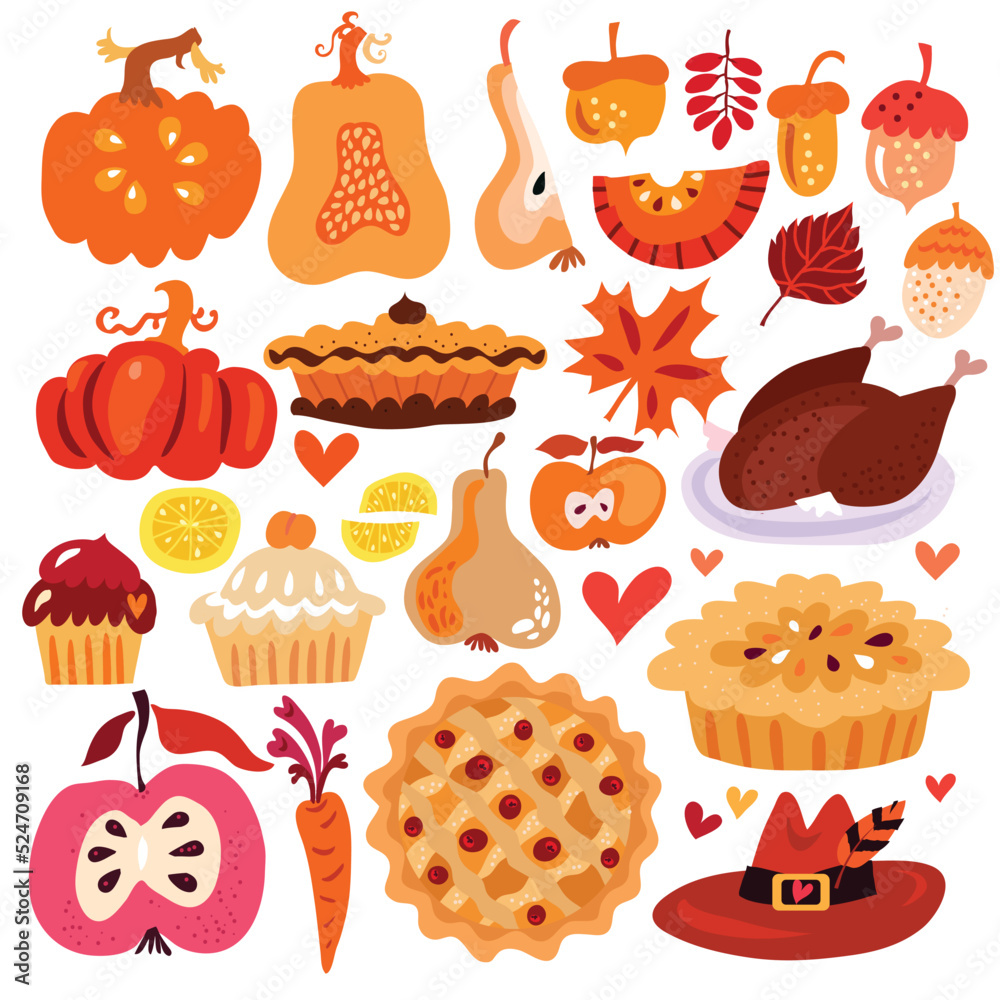 Happy Thanksgiving festive elements set Pumpkin, spple, sweet pie, tyrkey, carrot, hat, lemon, fruit, acorn, maple leaf, nut, autumn object. Vector cartoon illustration