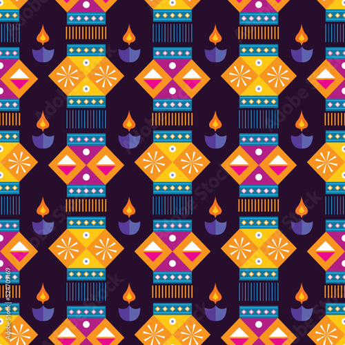 Traditional Indian festival Diwali seamless pattern Happy Festival of lights Deepavali Template for textile, paper, cover Festive Burning diya graphic background Vector abstract flat illustration
