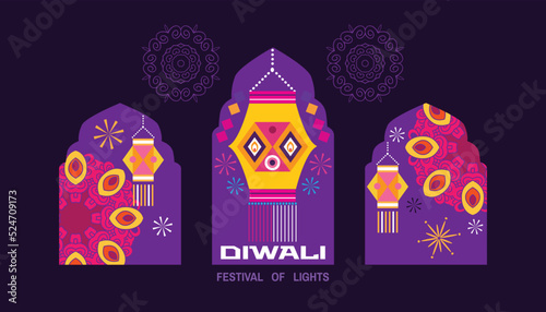 Traditional Indian festival Diwali. Happy Festival of lights Deepavali Template for banner, poster, greeting card. Festive Burning diya graphic design background. Vector abstract flat illustration
