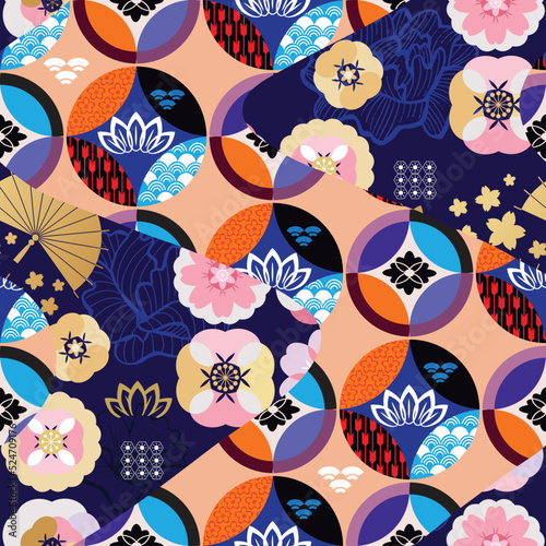 Beautiful japanese seamless pattern with clouds, waves, Daruma,  plum, fan, sakura flower Vector template kimono asian texture. For printing on packaging, textiles, paper,fabric, manufacturing, wallpa