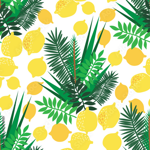 Happy Sukkot- template seamless pattern  Jewish Feast of Tabernacles with sukkah, lemon, etrog, lulav, Arava, Hadas. Isolated on white background. Vector illustration.

