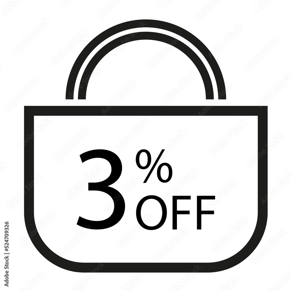 3 percent off. White banner with shopping bag illustration. 3 percent off. White banner with shopping bag illustration.
