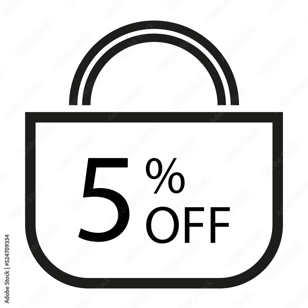 5 percent off. White banner with shopping bag illustration. 5 percent off. White banner with shopping bag illustration.
