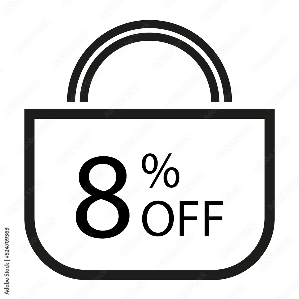 8 percent off. White banner with shopping bag illustration. 8 percent off. White banner with shopping bag illustration.