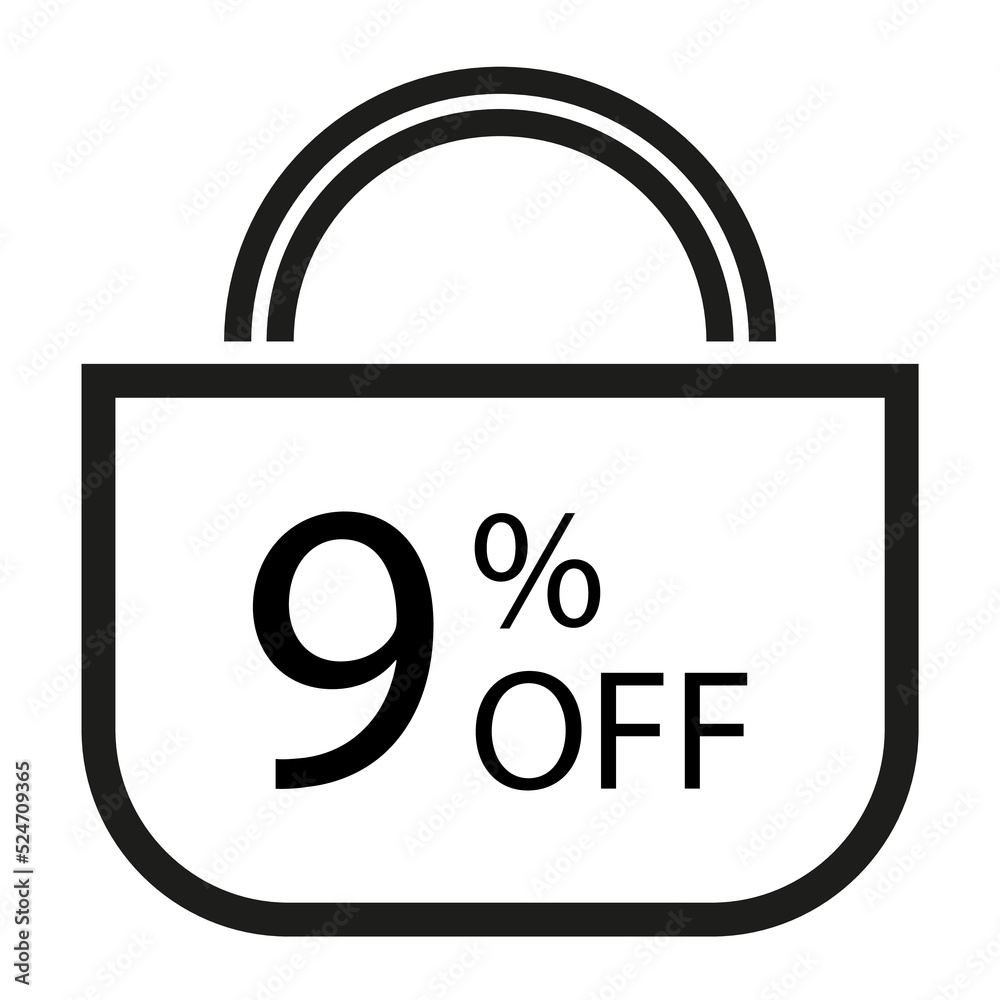 9 percent off. White banner with shopping bag illustration. 9 percent off. White banner with shopping bag illustration.