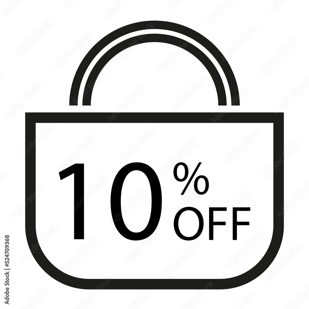 10 percent off. White banner with shopping bag illustration. 