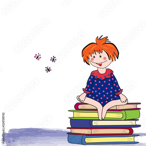 Niña sentada sobre libros.