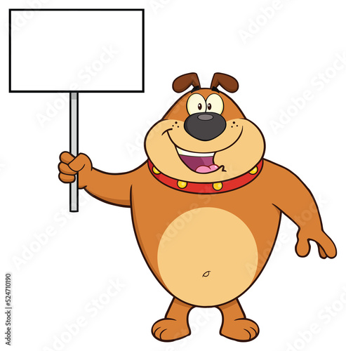 Happy Brown Bulldog Cartoon Mascot Character Holding A Blank Sign. Hand Drawn Illustration Isolated On Transparent Background