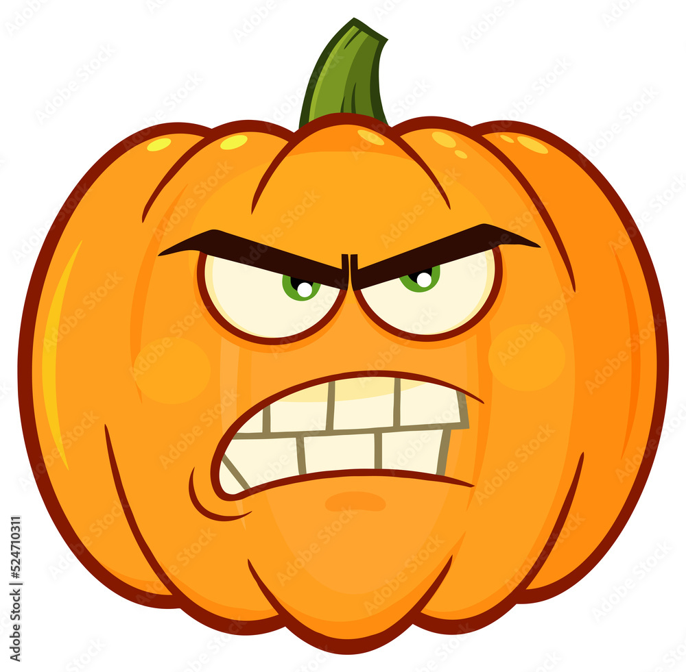 Angry Orange Pumpkin Vegetables Cartoon Emoji Face Character With Grumpy Expression. Hand Drawn Illustration Isolated On Transparent Background