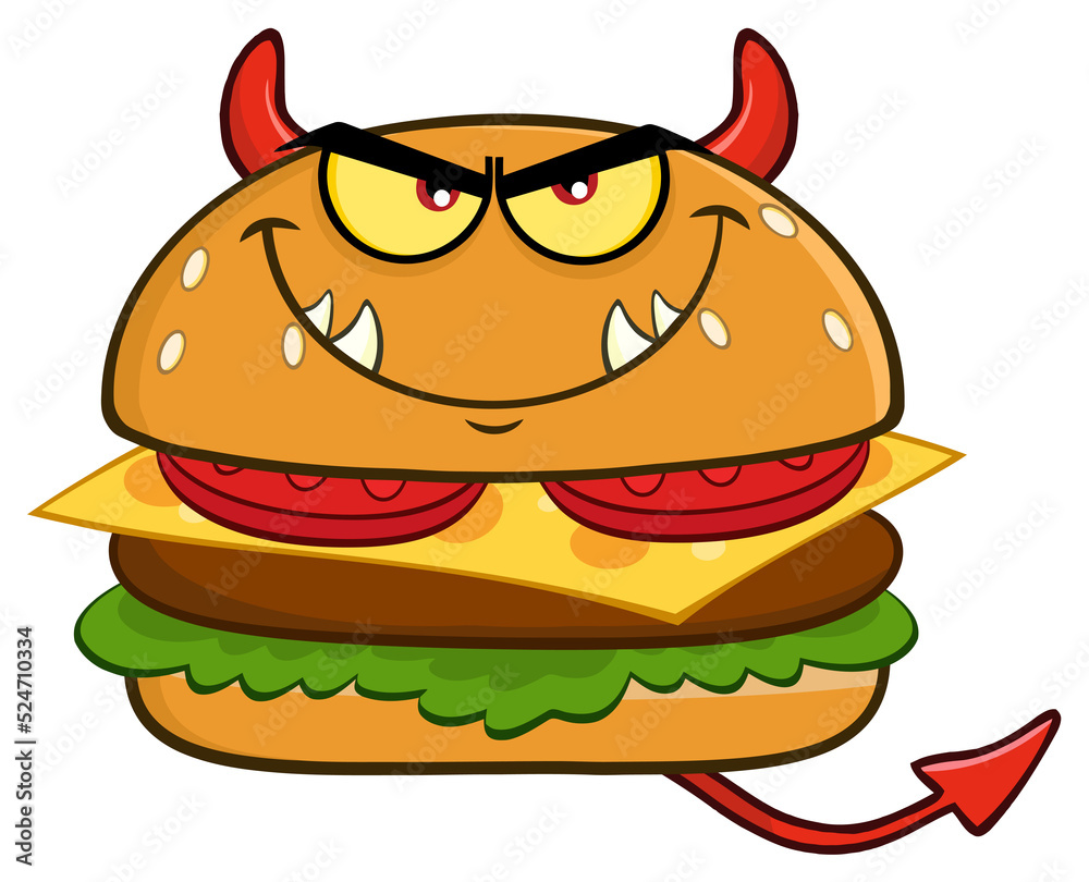 Angry Devil Burger Cartoon Mascot Character. Hand Drawn Illustration Isolated On Transparent Background Angry Devil Burger Cartoon Mascot Character. Hand Drawn Illustration Isolated On Transparent Background