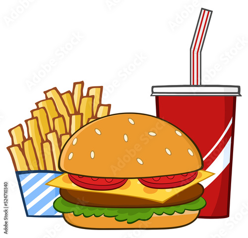 Fast Food Hamburger Drink And French Fries Cartoon Drawing Simple Design. Hand Drawn Illustration Isolated On Transparent Background
