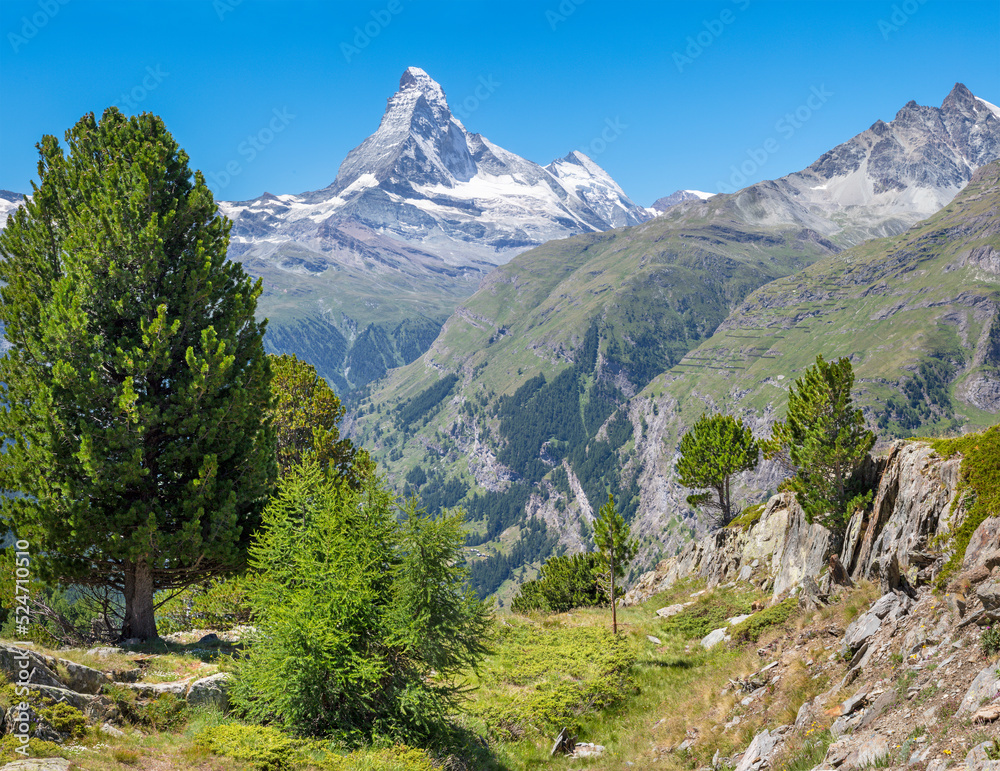 The Matterhorn peak over the Mattertal valley in Walliser aslps.