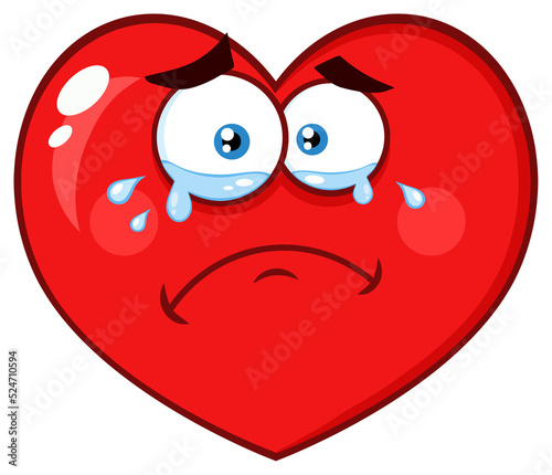 Crying Red Heart Cartoon Emoji Face Character With Sad Expression. Hand Drawn Illustration Isolated On Transparent Background
