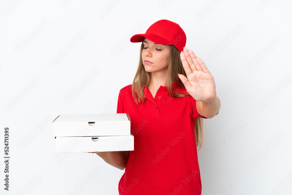Pizza delivery Lithuanian woman isolated on white background making stop gesture and disappointed Pizza delivery Lithuanian woman isolated on white background making stop gesture and disappointed