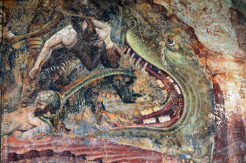 Detail. 14 C The Last Judgement and Hell by Bonamico di Martino da Firenze, Buffalmacco, in the Camposanto, Pisa, Tuscany Italy