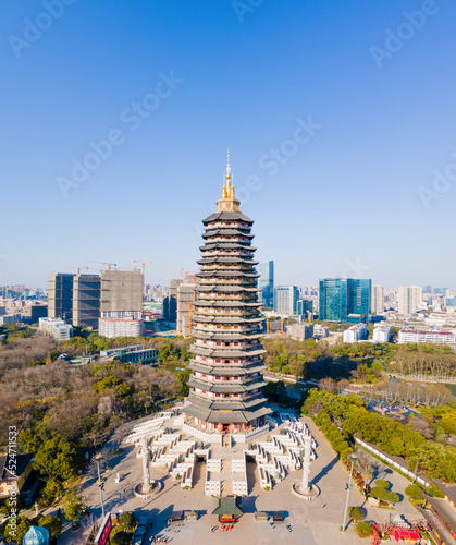 Aerial photography of Tianning Pagoda, Wenbi Pagoda, Hongmei Pavilion and Hongmei Park Scenic Spot in Changzhou City, Jiangsu Province, China