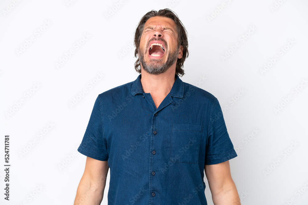 Senior dutch man isolated on white background shouting to the front with mouth wide open