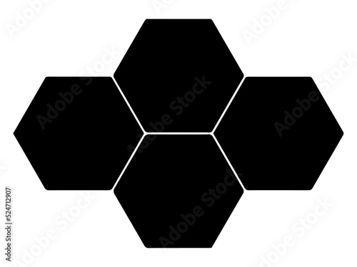 Black hexagon, honeycomb, design element, shapes, pattern with no strokes. Asset for photo collection, collage, template, frame, overlay, montage, clipping, layer mask. Transparent background.