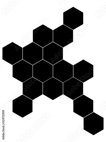 Black hexagon, honeycomb, design element, shapes, pattern with no strokes. Asset for photo collection, collage, template, frame, overlay, montage, clipping, layer mask. Transparent background.