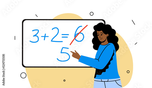 A female teacher near the blackboard. A blackboard, a blackboard in the school office. The concept of training