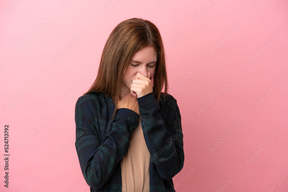 Young English woman isolated on pink background coughing a lot Young English woman isolated on pink background coughing a lot