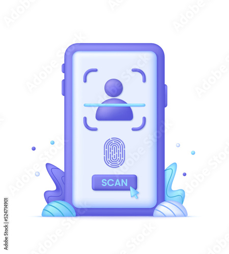 3D Face recognition illustration. Concept of facial recognition, face ID system, biometric identification, face scan system. Cyber security concept.