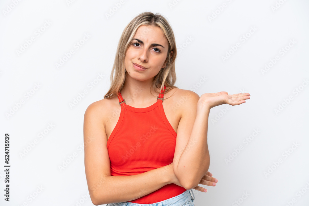Young caucasian woman isolated on white background having doubts Young caucasian woman isolated on white background having doubts