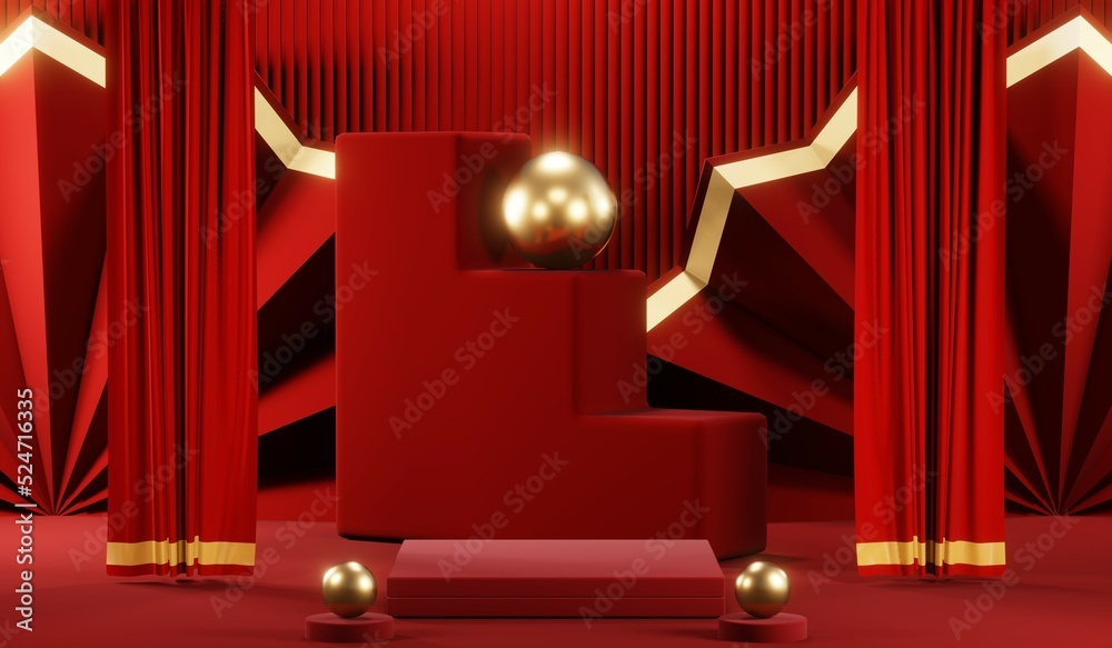 3D rendering of blank product background for cream cosmetics Modern red podium background