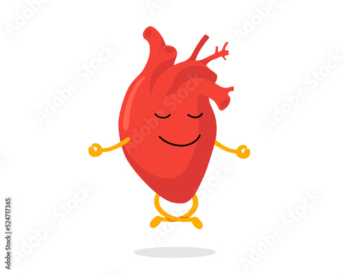 Cute cartoon healthy human heart character relaxation meditate. Funny circulatory cardiology organ mascot meditation in lotus yoga pose. Keep calm and relax concept vector eps illustration