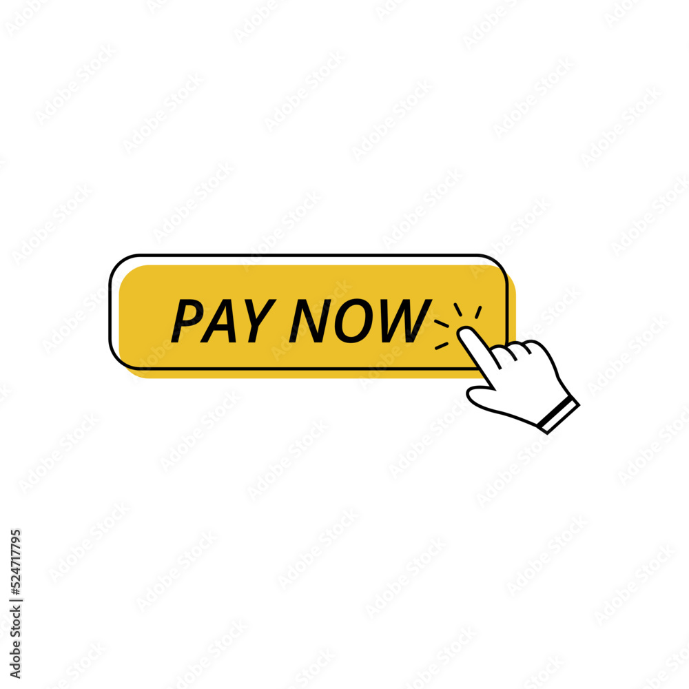 Flat vector icon of yellow button that says pay now with one hand clicking. Flat vector icon of yellow button that says pay now with one hand clicking.