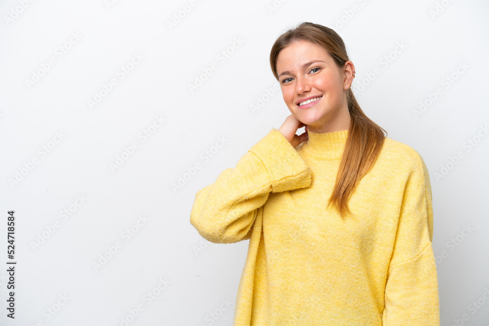 Young caucasian woman isolated on white background laughing