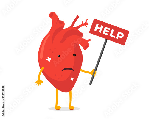 Cartoon sad suffering sick human heart character. Unhealthy damage circulatory cardiology organ mascot with help sign. Attack illness and pain concept vector eps illustration