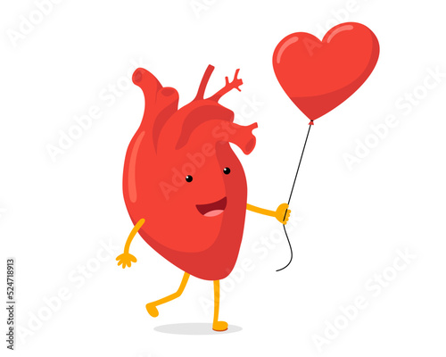 Cute cartoon happy enamored human heart character with red balloon. Express feelings of love happiness and joy. Vector circulatory organ mascot. Funny romantic happy symbol eps illustration