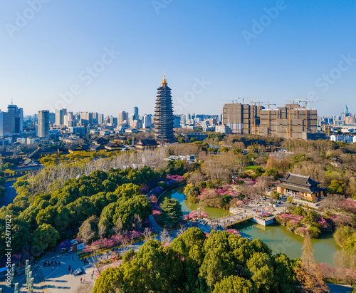 Aerial photography of Tianning Pagoda, Wenbi Pagoda, Hongmei Pavilion and Hongmei Park Scenic Spot in Changzhou City, Jiangsu Province, China photo