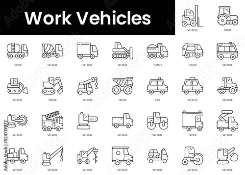 Set of outline work vehicles icons. Minimalist thin linear web icon set. vector illustration.