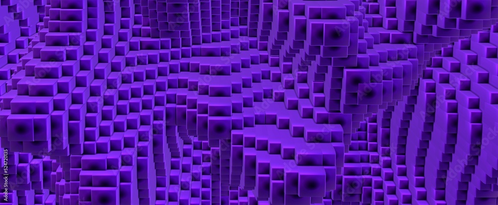 Purple wall of cubes with optical illusion background. Tiles laid out in abstract 3d render of stairs with movement effect when approaching. Decorative digital design with futuristic surface