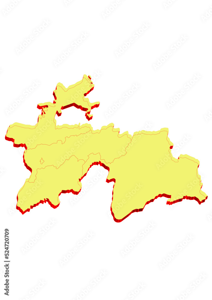 Obraz premium Illustration of the map of Tajikistan with Unitary District, Region, Province, Municipality, Federal District, Division, Department, Commune Municipality, Canton Map 3D