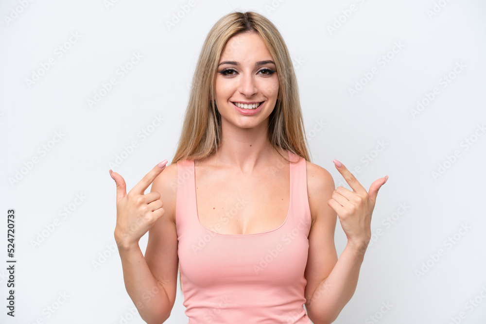 Pretty blonde woman isolated on white background giving a thumbs up gesture Pretty blonde woman isolated on white background giving a thumbs up gesture