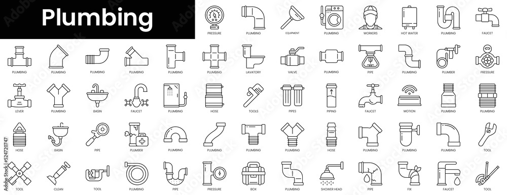 Set of outline plumbing icons. Minimalist thin linear web icon set. vector illustration.