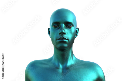 3D render. Portrait of a blue bald man on a white background. 