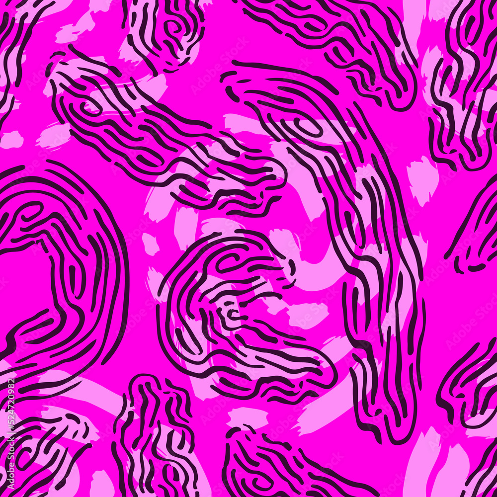 vector rough spiral and wood grain lines brush stroke overlapped seamless pattern on pink