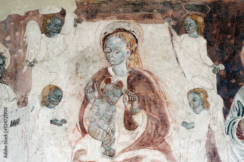 The Castle of Poppi, Tuscany, Italy. Mediaeval fresco detail of Madonna and child